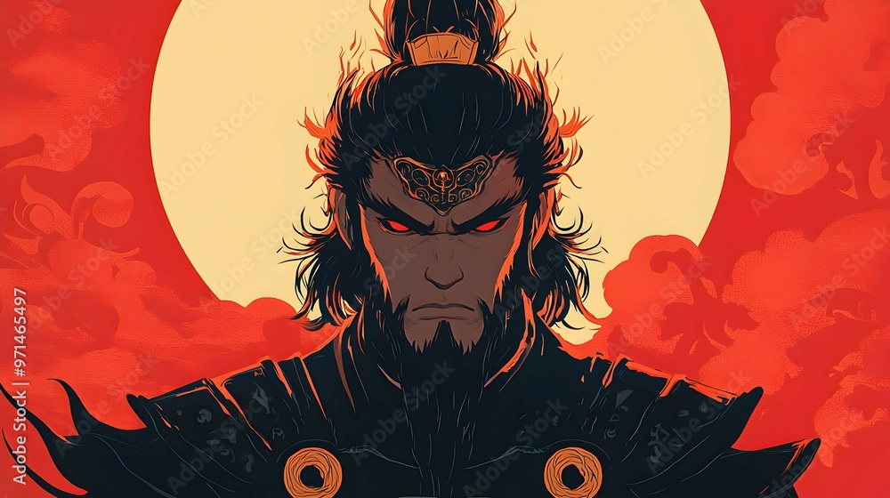Fierce Warrior with Red Eyes in a Dramatic Setting Fierce Warrior with Red Eyes in a Dramatic Setting