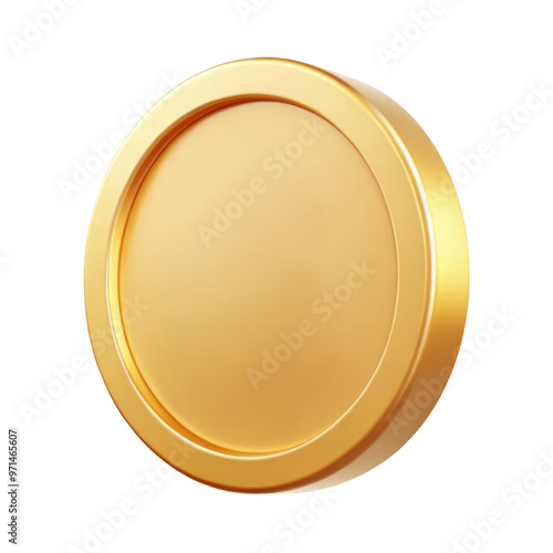 3D golden blank coin illustration with a smooth, round design and no inscriptions. Ideal for financial, gaming, or currency and graphic design. Isolated on transparent background, png.