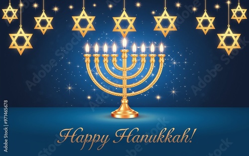 Vibrant Hanukkah Scene with Golden Menorah and Stars of David photo