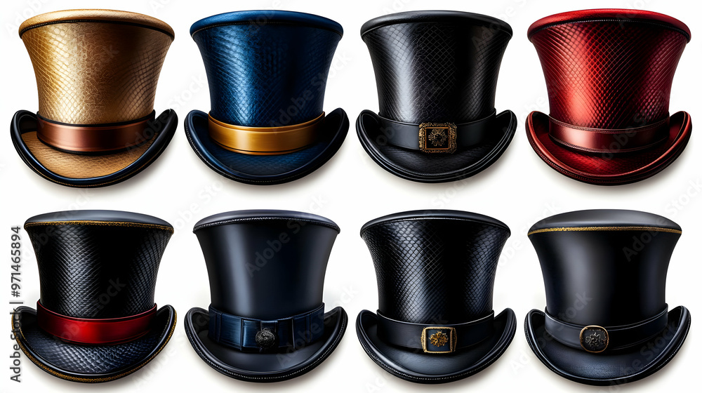 A collection of eight stylish top hats in various colors and designs. A collection of eight stylish top hats in various colors and designs.