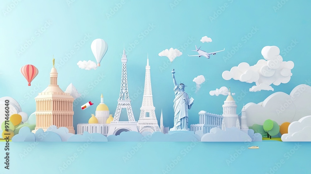 Fototapeta premium Global Landmarks in Paper Craft Design