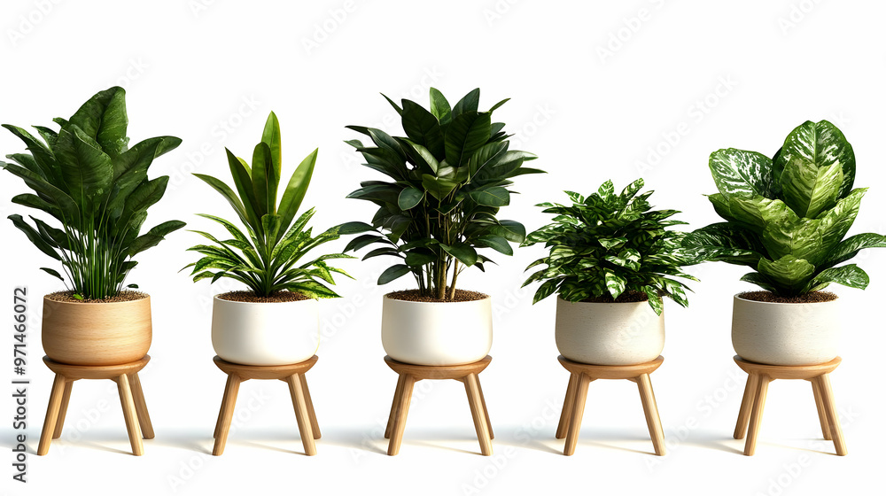 A collection of five decorative potted plants on wooden stands, enhancing indoor aesthetics. A collection of five decorative potted plants on wooden stands, enhancing indoor aesthetics.
