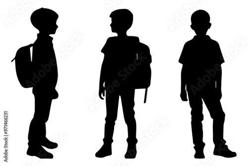 Set of silhouettes of school boys on transparent background