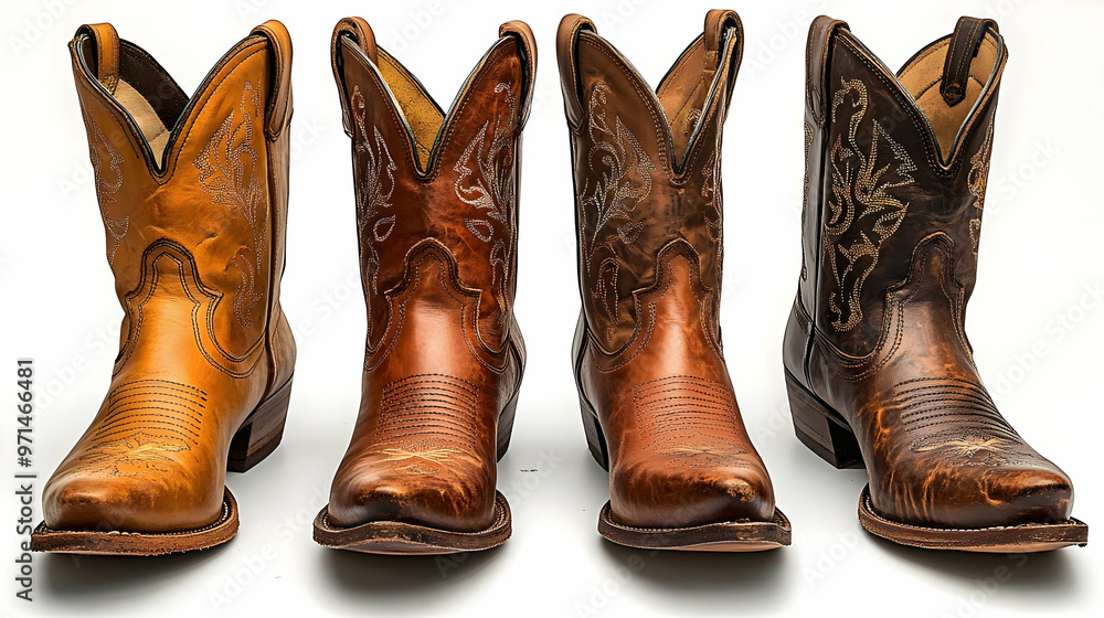 A collection of four pairs of cowboy boots in varying shades of brown. A collection of four pairs of cowboy boots in varying shades of brown.