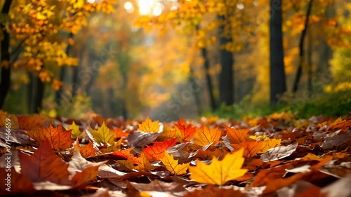 Exploring a serene autumn forest path covered with vibrant fallen leaves in the afternoon light