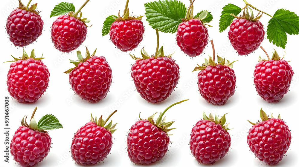 A collection of fresh raspberries arranged on a white background. A collection of fresh raspberries arranged on a white background.
