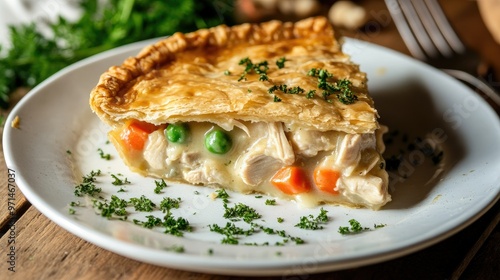 A delicious slice of chicken pot pie, its flaky crust covering a creamy chicken and vegetable filling. A classic home-cooked meal for comfort and satisfaction