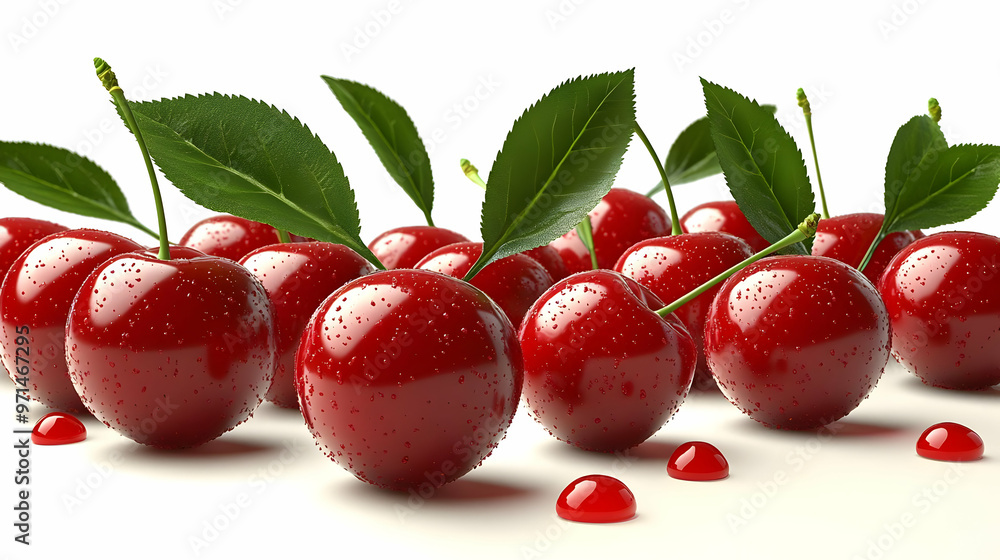 A collection of fresh, shiny red cherries with green leaves and droplets of water. A collection of fresh, shiny red cherries with green leaves and droplets of water.