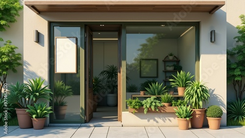 Modern Shop Entrance With Plants And Blank Signage