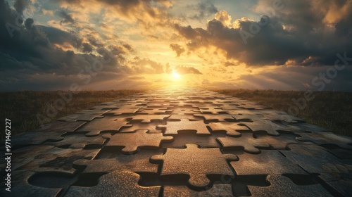 A path made of jigsaw puzzle pieces leads into a bright horizon, symbolizing piecing together a new future.