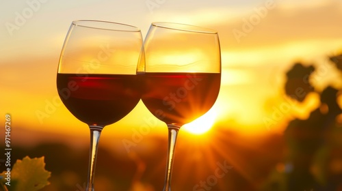 Two Glasses of Red Wine at Sunset in a Vineyard