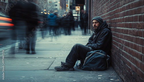 A homeless man sitting on a city sidewalk, resting against a brick wall, with passers-by in the background