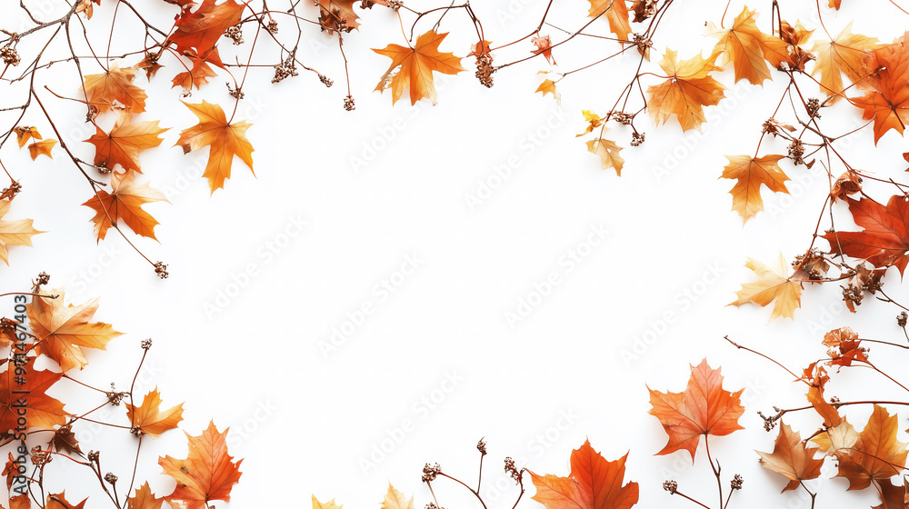 Backdrop frame of colorful fall twigs and leaves isolated on white, copy space Backdrop frame of colorful fall twigs and leaves isolated on white, copy space
