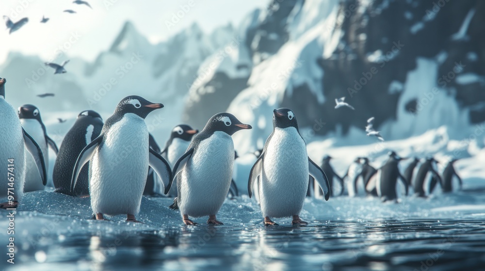 Obraz premium A group of penguins huddles together on an icy shoreline with snow-capped cliffs in the background, with the harsh winter wind adding a sense of survival and togetherness.