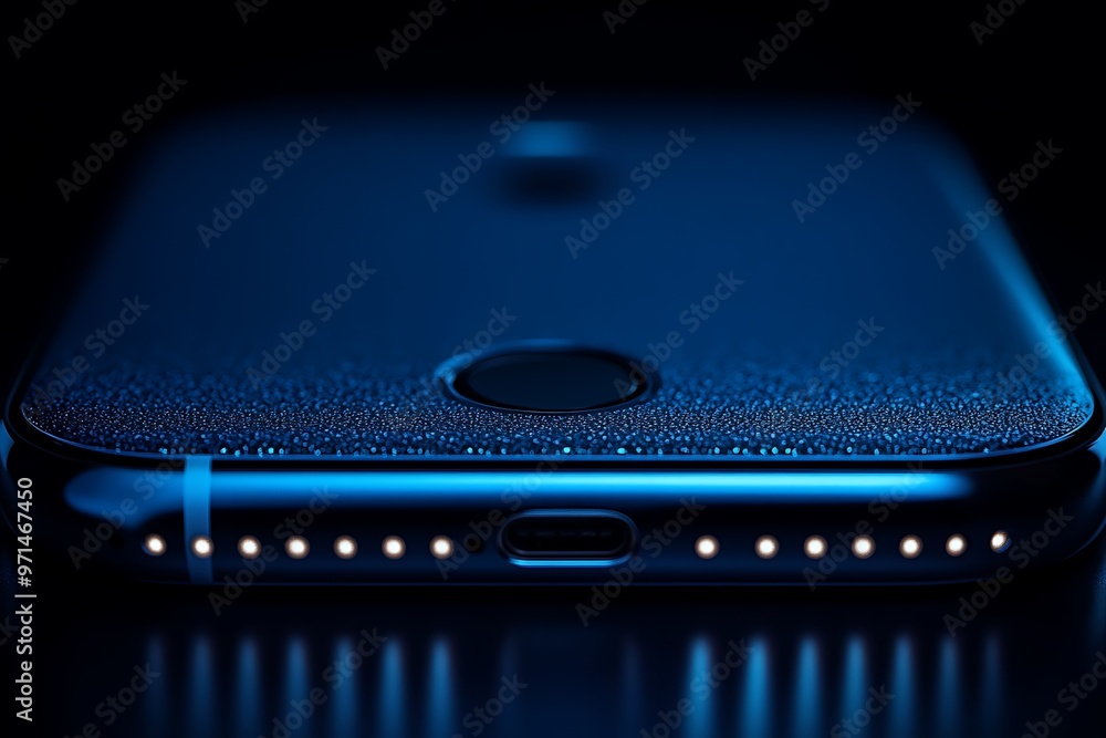 Close-up of smartphone charging port with blue lights