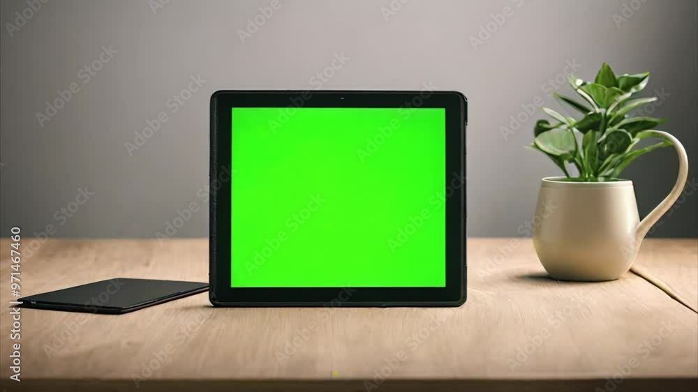 Tablet with Green Screen Mockup on a Wooden Desk Tablet with Green Screen Mockup on a Wooden Desk