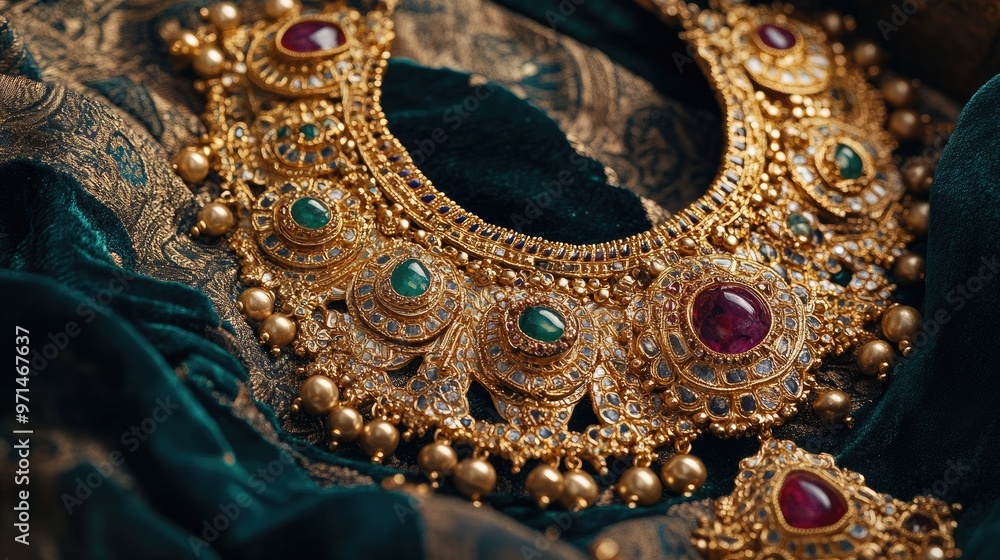 A detailed Indian gold necklace with traditional craftsmanship and gemstone embellishments, set elegantly against a velvet surface for a luxurious effect A detailed Indian gold necklace with traditional craftsmanship and gemstone embellishments, set elegantly against a velvet surface for a luxurious effect