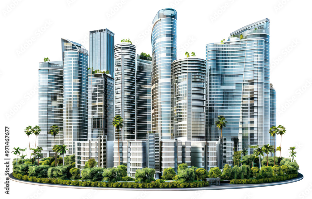 Obraz premium PNG Modern skyscrapers with lush greenery