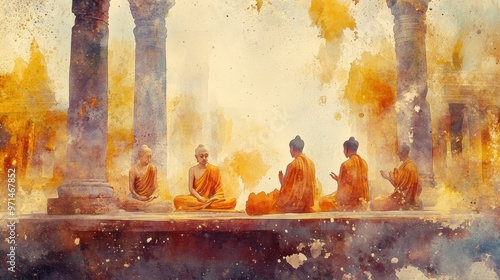 The Buddha’s first sermon at Sarnath, with the Buddha teaching the five ascetics in ancient ruins and soft, warm light, depicted in watercolor style. photo