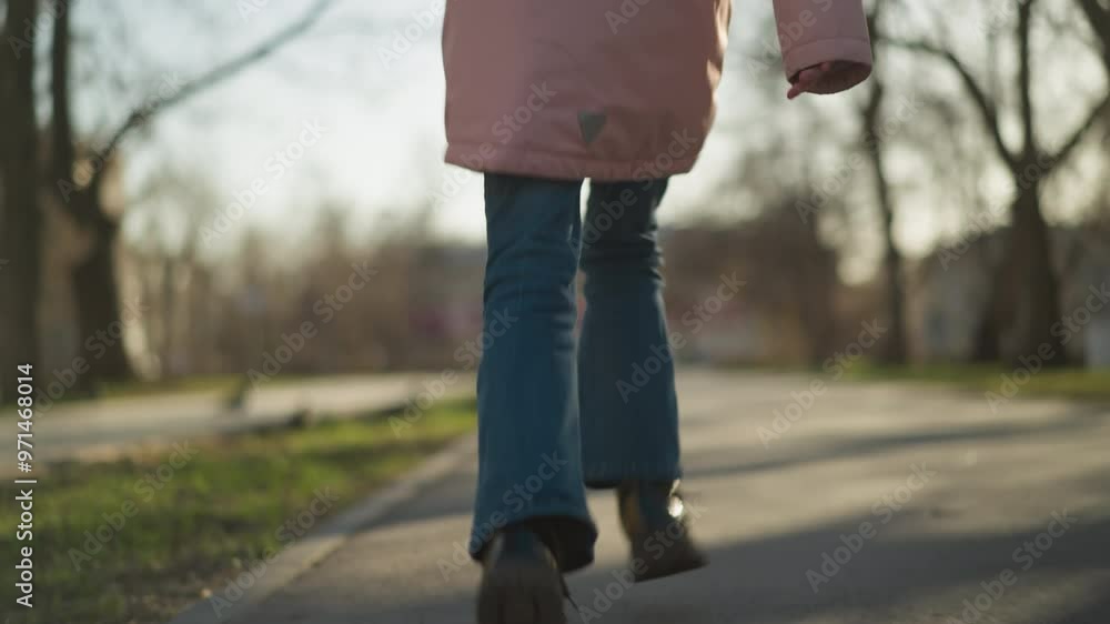 Close-up of a young girl's legs in motion, wearing blue jeans and black shoes, running on a sunlit park pathway with blurred trees and a building background Close-up of a young girl's legs in motion, wearing blue jeans and black shoes, running on a sunlit park pathway with blurred trees and a building background