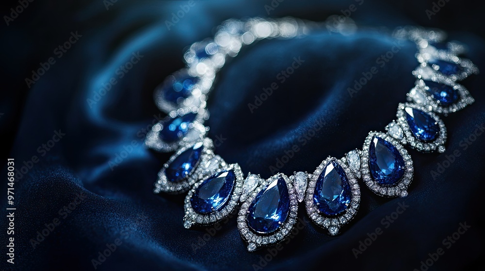 A diamond necklace with sapphire-like gems displayed on a dark velvet background, selective focus emphasizing the deep blue hues and clarity of the stones A diamond necklace with sapphire-like gems displayed on a dark velvet background, selective focus emphasizing the deep blue hues and clarity of the stones