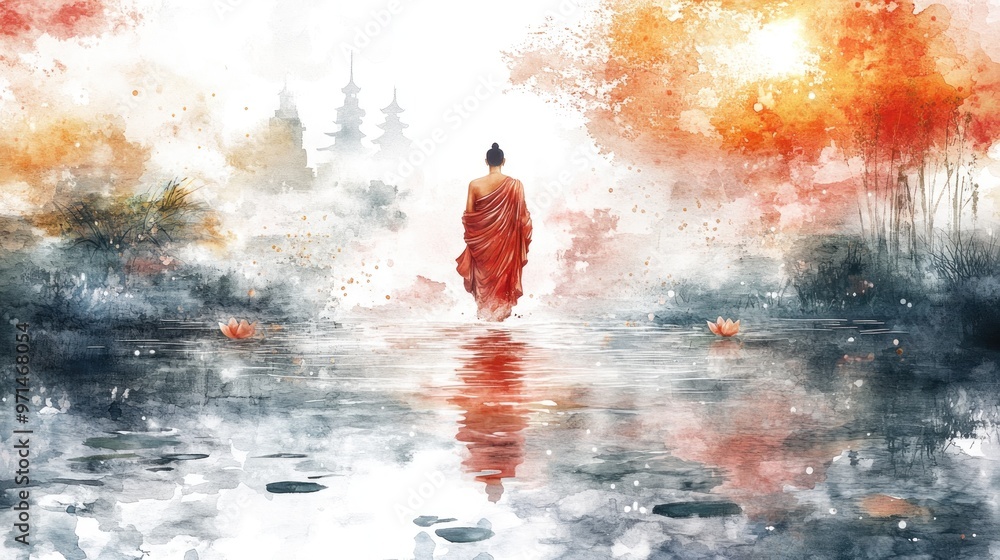 Fototapeta premium The Buddha’s miraculous walking on water, with the Buddha crossing a serene lake in a calm, reflective environment, illustrated in watercolor style.