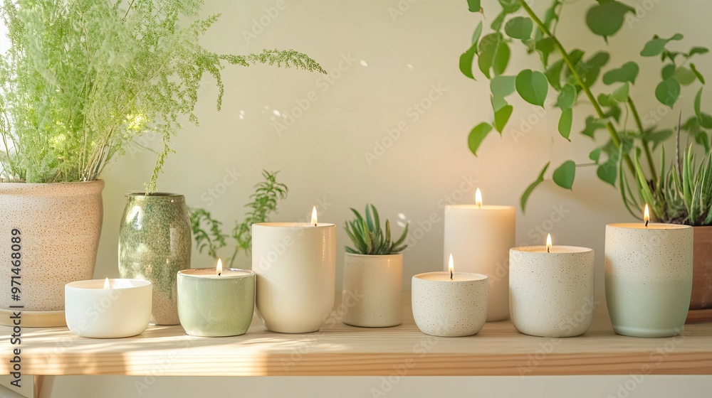 A display of original soy wax candles, each handmade with natural materials, arranged in an eco-conscious, minimalist style. A display of original soy wax candles, each handmade with natural materials, arranged in an eco-conscious, minimalist style.