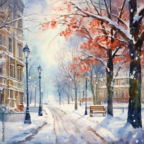 Winter Urban Street Scene Watercolor - Snowy Cityscape with Buildings, Trees