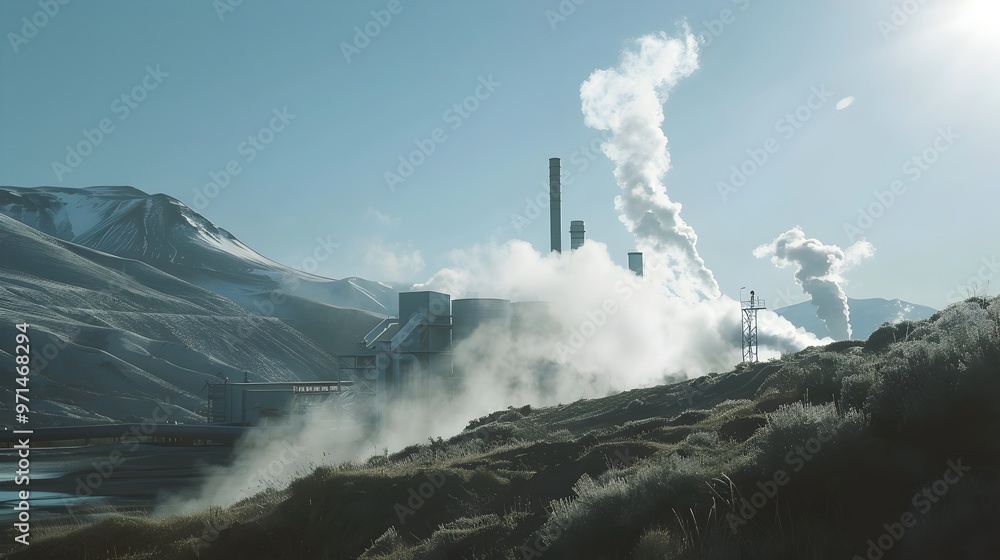 Fototapeta premium Renewable Geothermal Power Plant in Scenic Mountain Landscape
