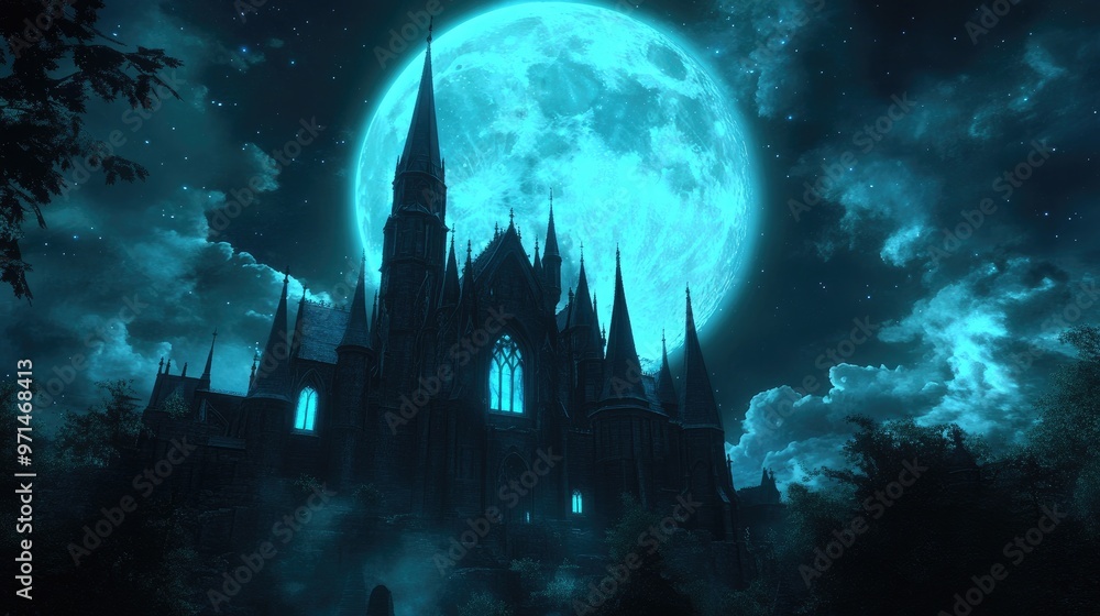Mysterious Castle Silhouetted Against a Blue Moon