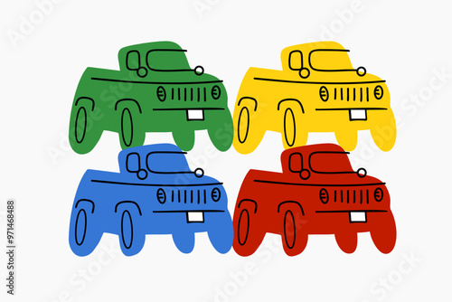 Children t-shirt pickup illustration, cartoon set of colored pickup trucks, vector image car theme, children's corner, car dealership.