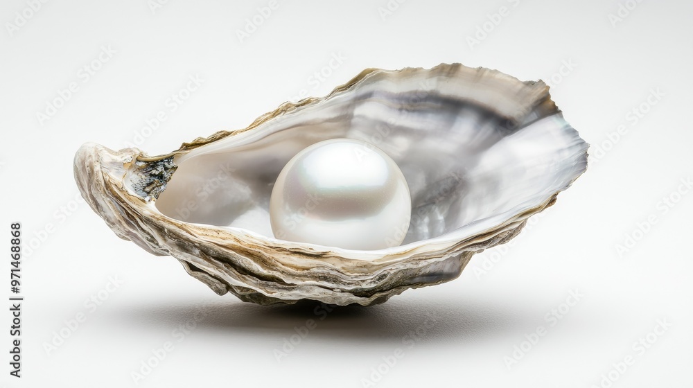 A flawless natural pearl resting inside an oyster shell, its nacre reflecting light against a clean white background, capturing luxury and elegance. A flawless natural pearl resting inside an oyster shell, its nacre reflecting light against a clean white background, capturing luxury and elegance.