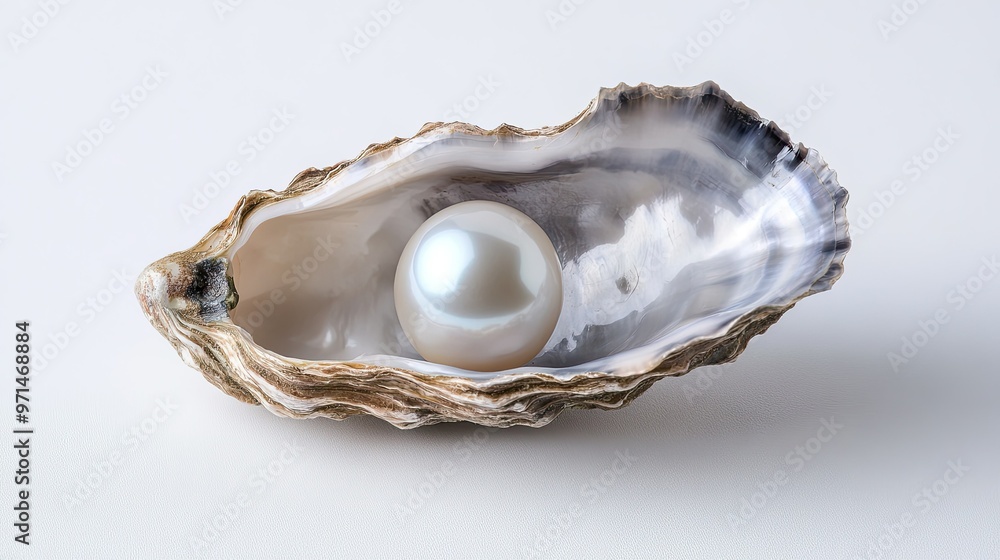 A flawless natural pearl resting inside an oyster shell, its nacre reflecting light against a clean white background, capturing luxury and elegance. A flawless natural pearl resting inside an oyster shell, its nacre reflecting light against a clean white background, capturing luxury and elegance.