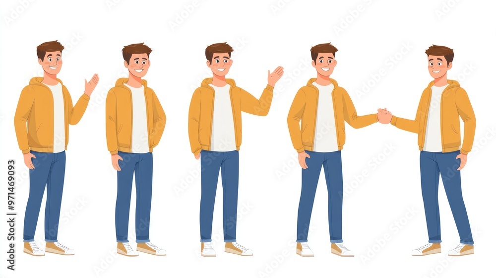 Fototapeta premium Set of characters of a cute man in casual clothes in different poses. showing a motion sequence