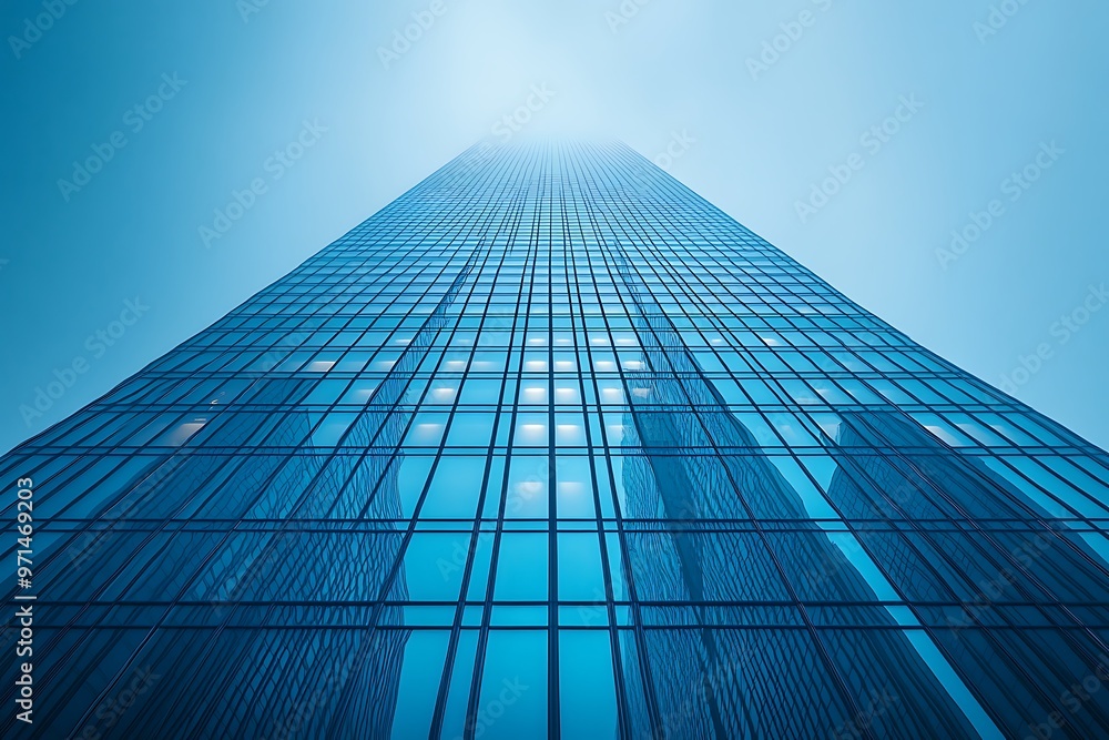 Sleek modern skyscraper against a clear blue sky, minimalist architecture Sleek modern skyscraper against a clear blue sky, minimalist architecture