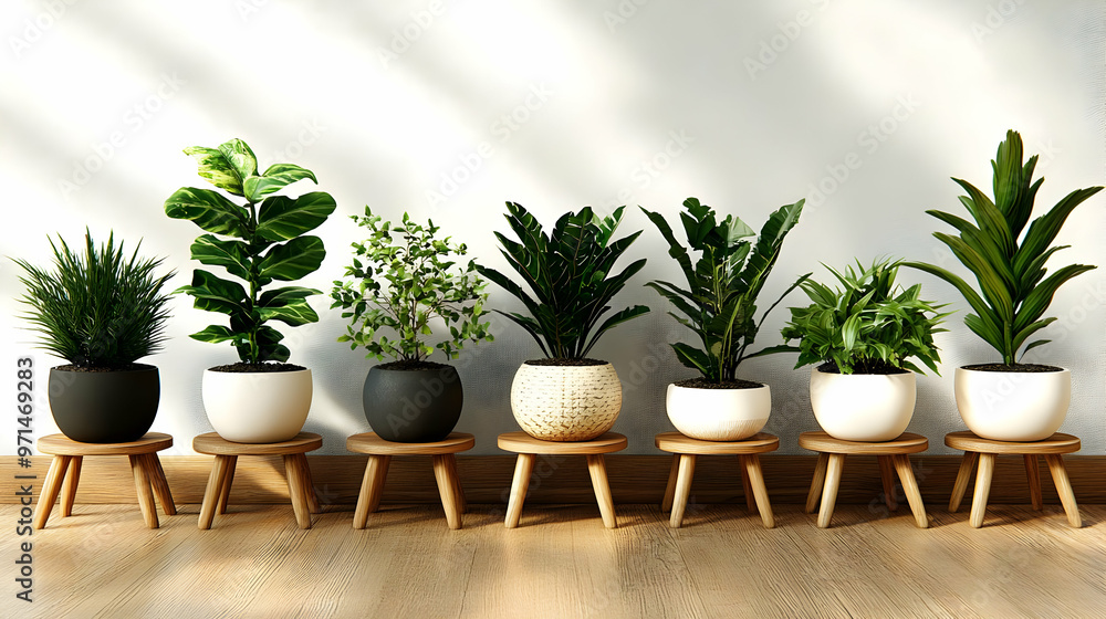 A collection of potted plants arranged on wooden stools against a light wall. A collection of potted plants arranged on wooden stools against a light wall.