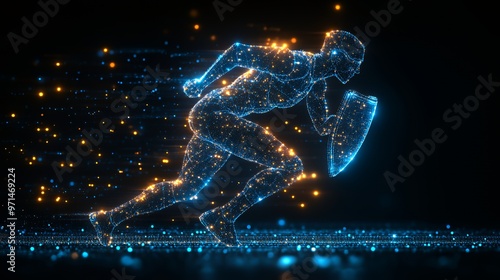 A glowing blue digital warrior runs with a shield, made of glowing particles, on a dark background.