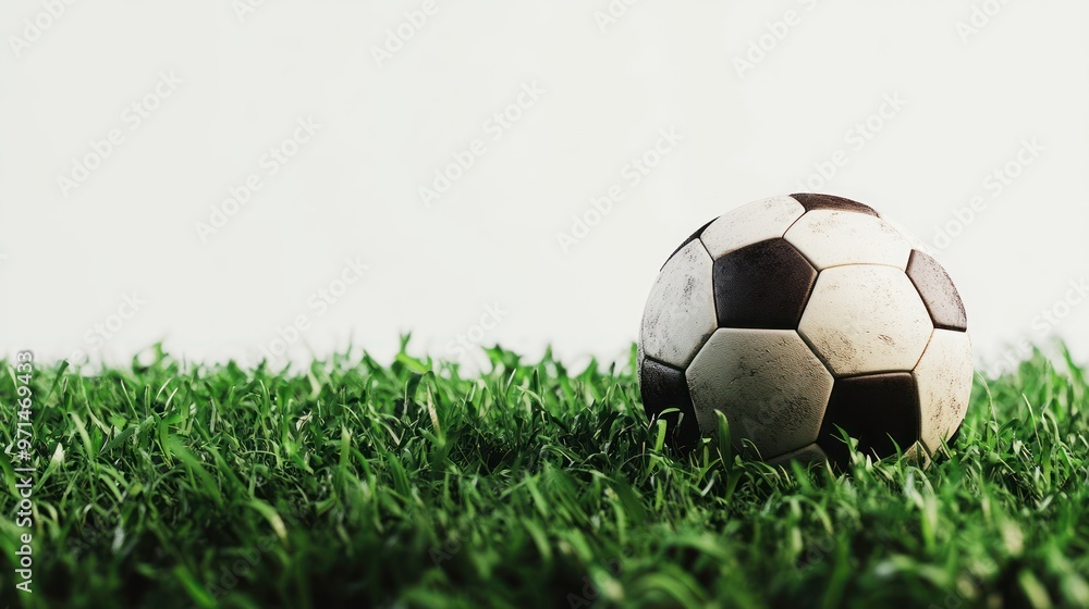 Obraz premium soccer ball real still life photo, on a green soccer field, closeup shot, cut out, isolated on white, on the bottom part of the frame