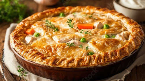 A freshly baked chicken pot pie with its golden, flaky pastry filled with diced chicken, vegetables, and a creamy sauce. A delicious and comforting savory dish