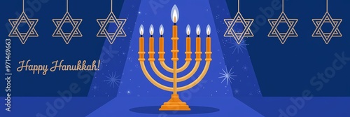 Vibrant Hanukkah Scene with Golden Menorah and Stars of David, widescreen