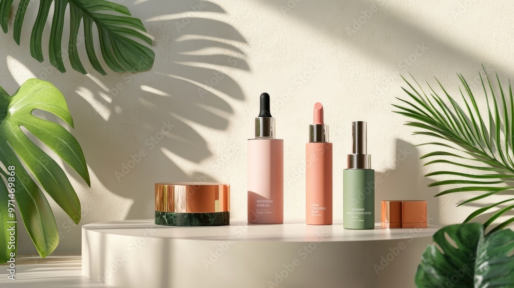 Elegant Minimalist Product Display with Green Leaves and Sunbeams Elegant Minimalist Product Display with Green Leaves and Sunbeams