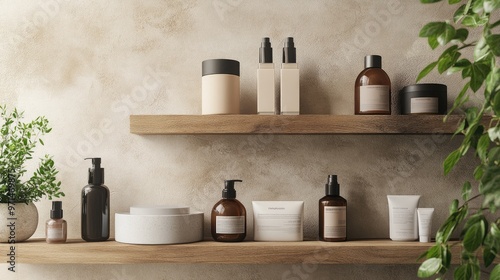 Wallpaper Mural Minimalist Bathroom Shelf with  Bottles and Jars of Skincare Products and Plants Torontodigital.ca