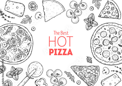 Hand drawn set of pizza. Italian pizza design template. Vector illustration