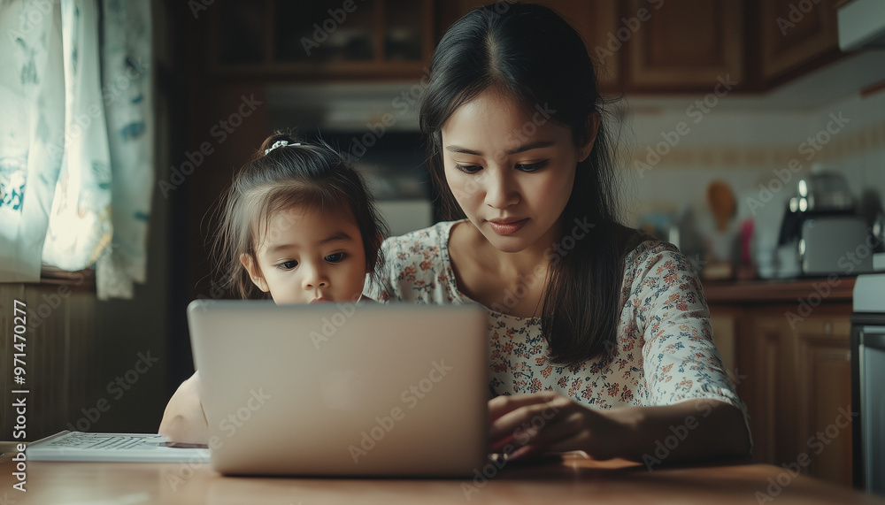 A mother helping her child with online learning at the kitchen tabl A mother helping her child with online learning at the kitchen tabl