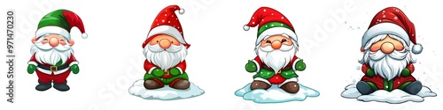 A cheerful collection of four adorable Santa Claus characters in colorful attire, perfect for holiday-themed designs. photo