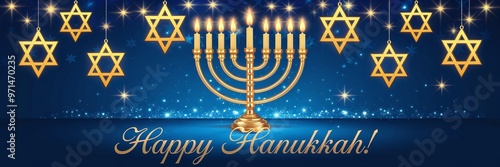Vibrant Hanukkah Scene with Golden Menorah and Stars of David, widescreen