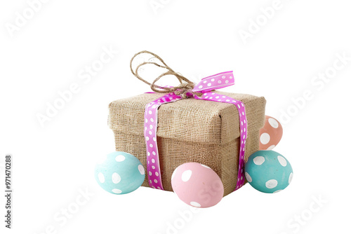 Festive Easter gift box with colorful eggs and chocolates isolated on transparent background photo