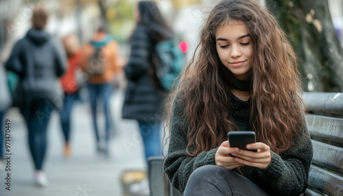 A teenage girl scrolling through her phone while sitting alone on a park bench