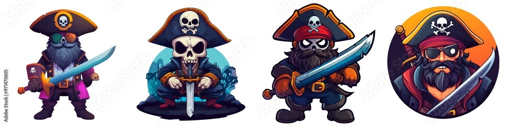 A colorful collection of pirate characters featuring unique styles, swords, and iconic hats, perfect for adventure themes. A colorful collection of pirate characters featuring unique styles, swords, and iconic hats, perfect for adventure themes.