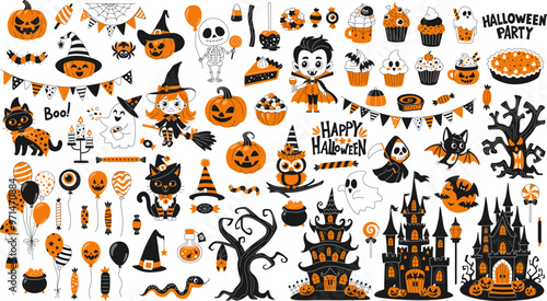 Big Halloween set of elements. Pumpkins, Halloween sweets and characters, black cats, skeleton, bat, witch and others. Halloween castles and decorations, garlands-flags and balloons.